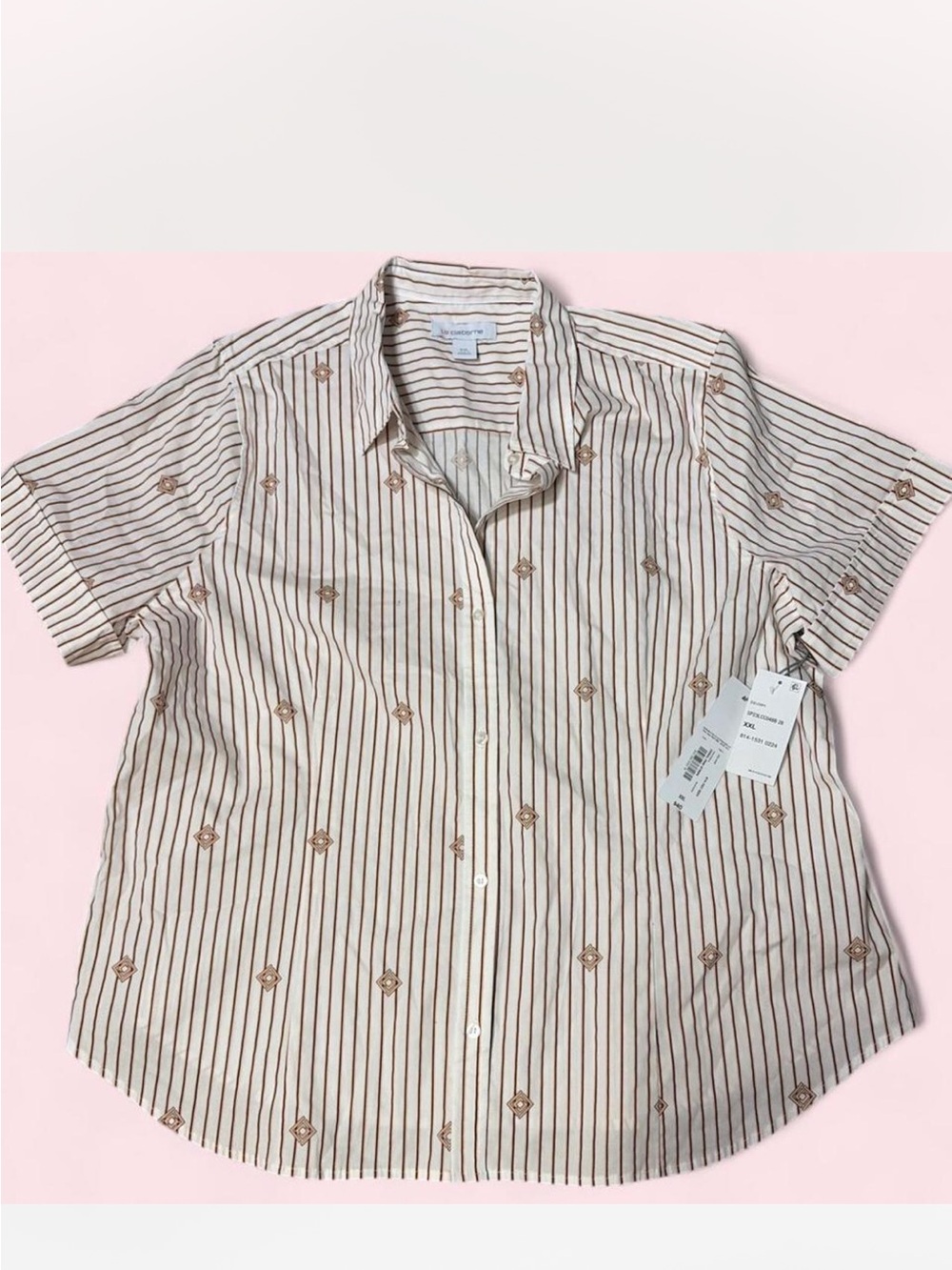 NWT Liz Claiborne Short-Sleeve Striped Button-Up Shirt in Cream and pink and bla